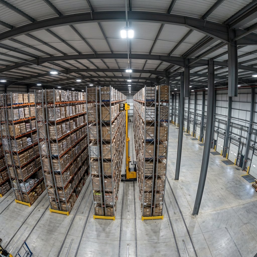 Warehouse interior CGI showing the same logistics shell in a high-density VNA configuration with 1.6 metre aisles, guided turret-truck operation, and racking rising close to the haunch