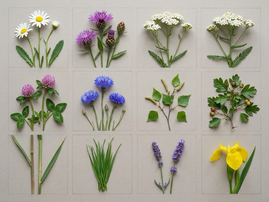 Native species planting palette tiles used in warehouse biodiversity CGI verified render: oxeye daisy, knapweed, yarrow, red clover, cornflower, silver birch, hawthorn, reed, lavender, yellow flag iris