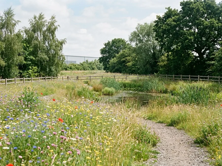 Photographic precedent reference for logistics warehouse biodiversity habitat rendering showing UK wildflower meadow, wetland pond, and mature trees