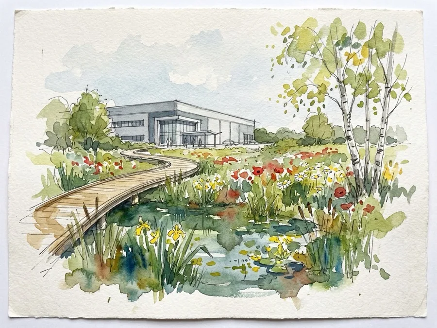 Landscape architect watercolour sketch for warehouse biodiversity CGI commission showing wetland, wildflower meadow, boardwalk, and warehouse office