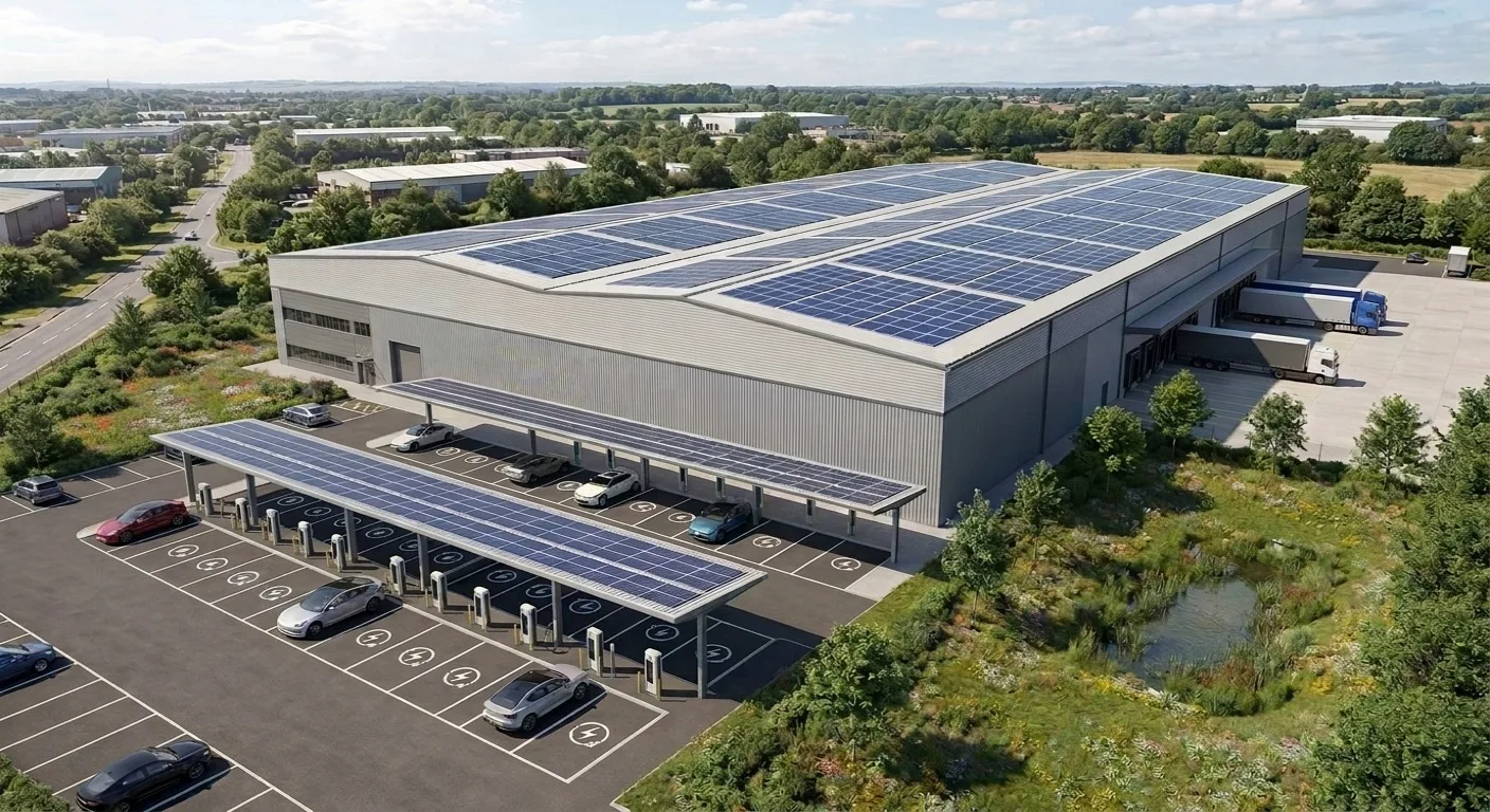 Sustainable warehouse CGI aerial view of a UK BREEAM Outstanding logistics building showing full rooftop photovoltaic array, EV charging hub, biodiversity net gain buffer with wildflower meadow and wetland, and thermal envelope detail