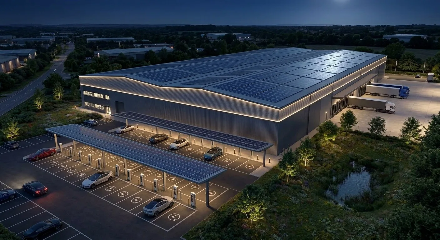 Net zero carbon warehouse CGI night aerial showing a UK BREEAM Outstanding logistics scheme operating 24-hour with perimeter LED lighting, illuminated EV charging canopies, yard floodlights, and biodiversity buffer at dusk