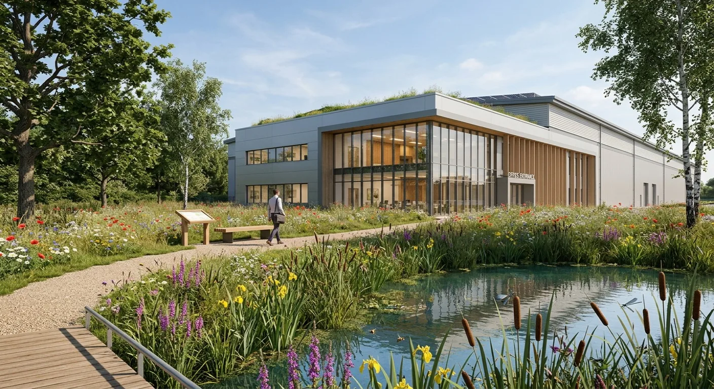 Final StratumCGI render of the biodiversity buffer and office frontage translated from the landscape architect's mood board into a verified photoreal view