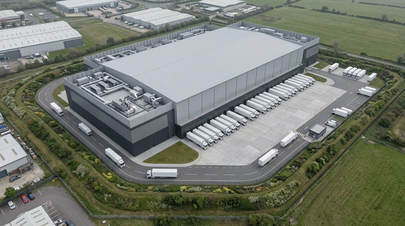 Aerial context CGI of an anonymised cold chain warehouse showing the cold-store box, ambient cross-dock unit, service yard, and roof plant zone, by StratumCGI