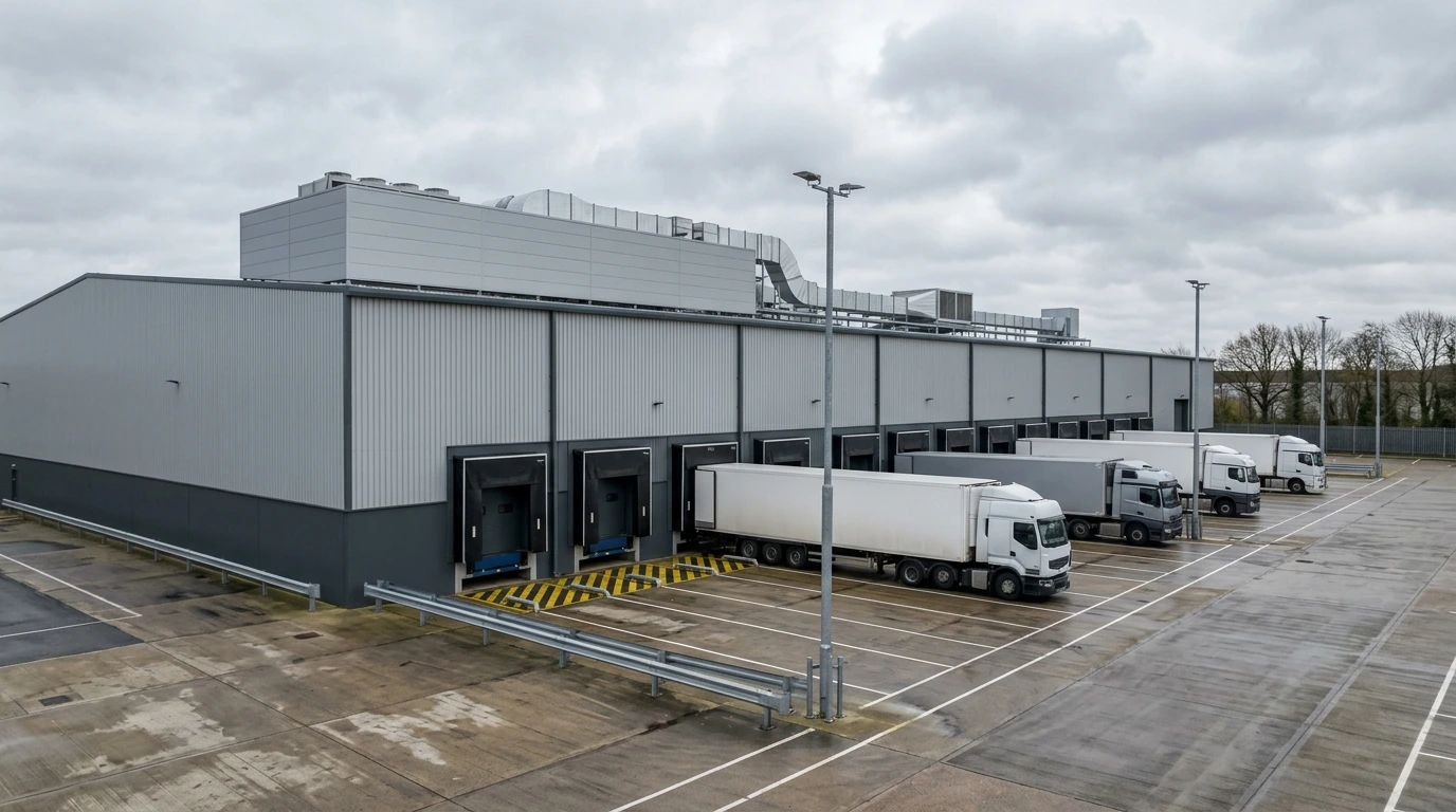 Service yard CGI showing reverse-docked articulated HGVs at the loading dock with hydraulic dock levellers and dock shelters, by StratumCGI