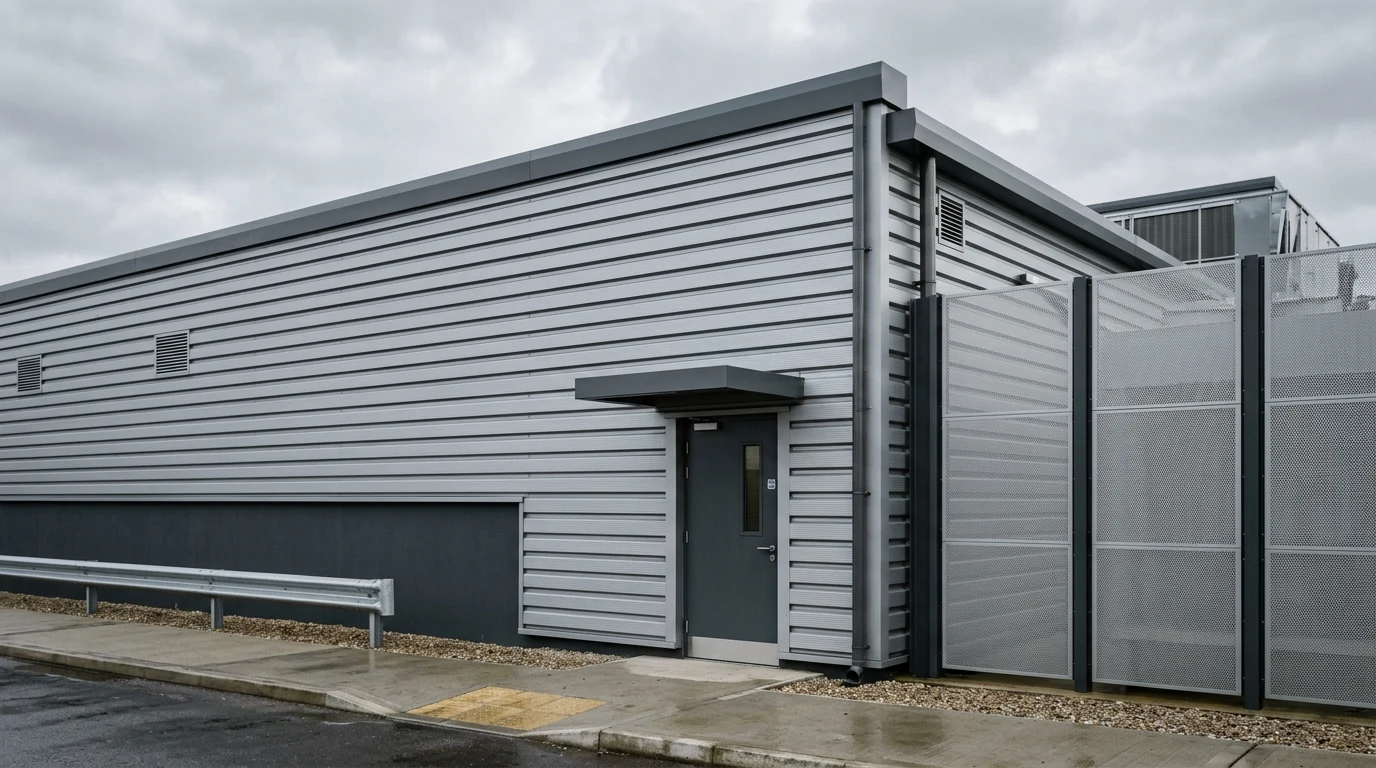Envelope detail CGI showing the horizontal ribbed insulated cladding panels, parapet line, and personnel entrance canopy, by StratumCGI