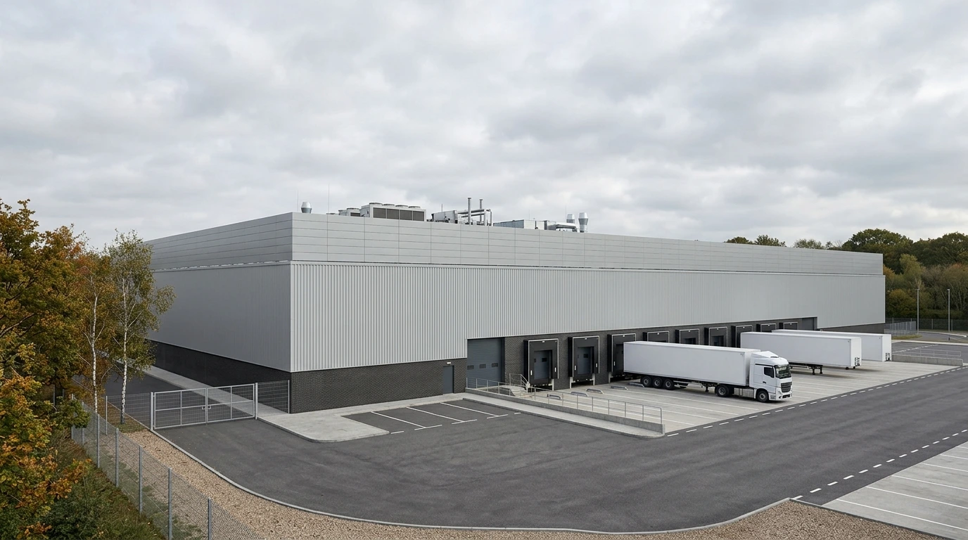 Plant screening CGI showing the rooftop refrigeration plant zone hidden behind a matte aluminium acoustic plant screen, by StratumCGI