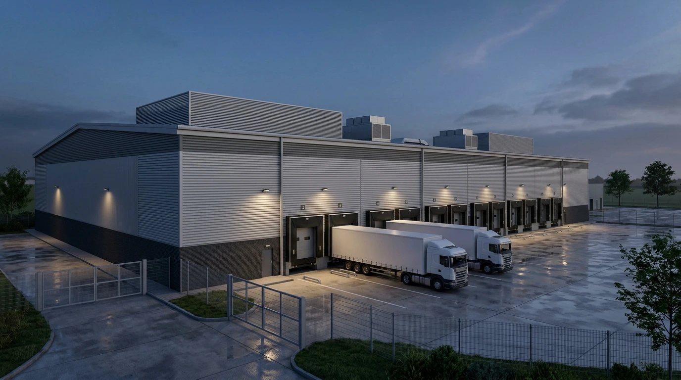Loading dock CGI at dusk showing closed rapid-rise doors with dock seals, yard floodlighting, and trailers at the docks, by StratumCGI