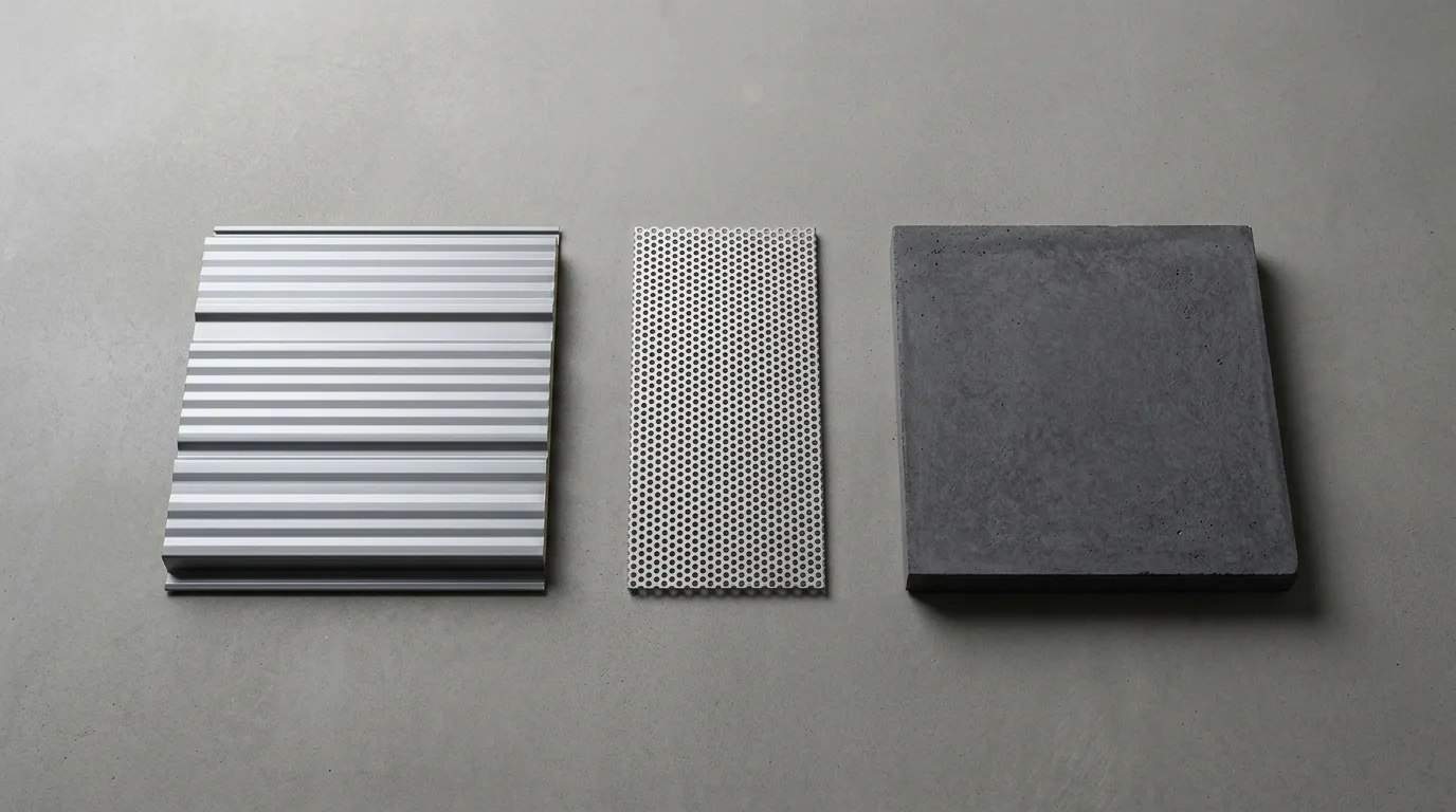 Studio detail of three physical material samples for SCGI-007 cold chain warehouse CGI: a horizontal-ribbed insulated cladding panel, an acoustic plant-screen mesh strip, and a charcoal plinth sample, by StratumCGI
