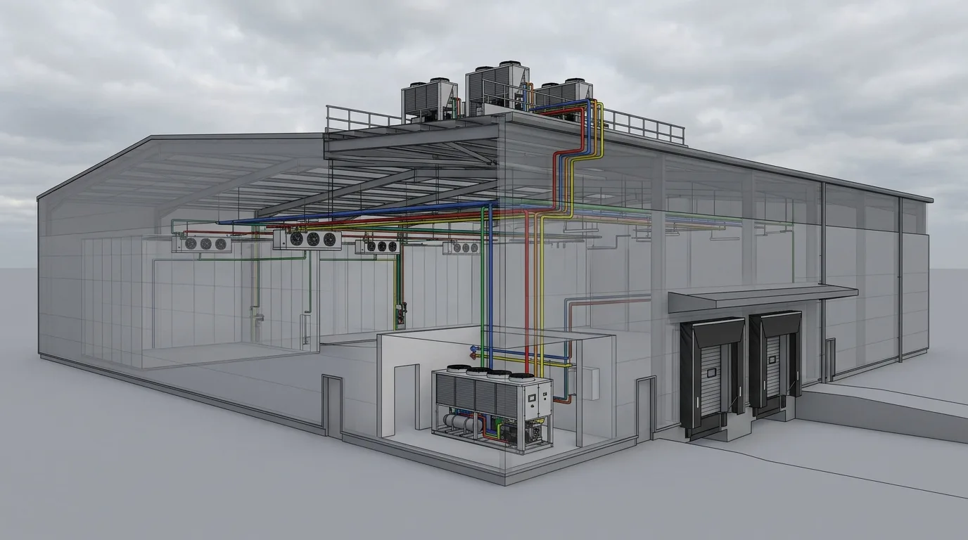 Refrigeration cutaway CGI showing the cold-store chamber, chilled storage zone, frozen storage zone, and rooftop plant connected by refrigerant pipework, by StratumCGI
