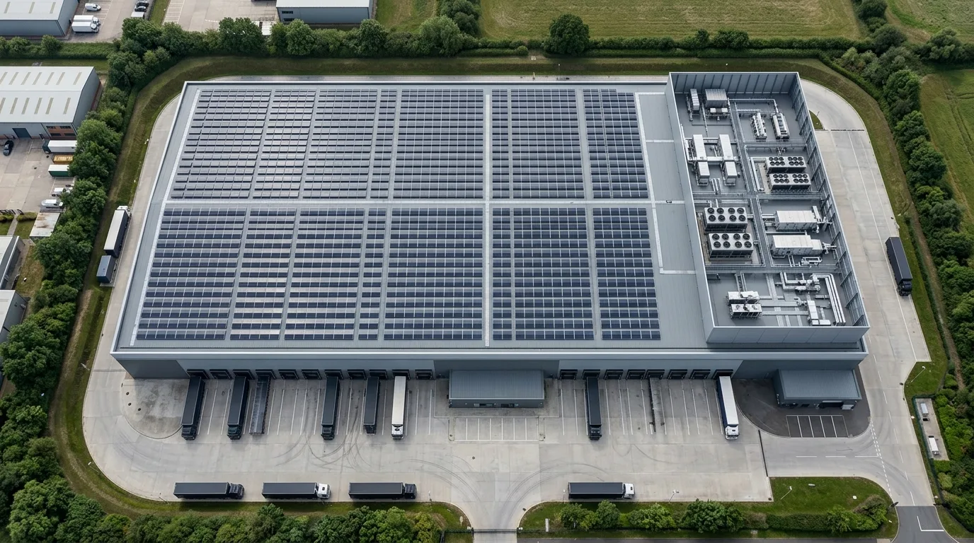 Aerial CGI showing a rooftop photovoltaic array alongside the screened roof plant zone and service yard of an anonymised UK temperature-controlled logistics facility, by StratumCGI