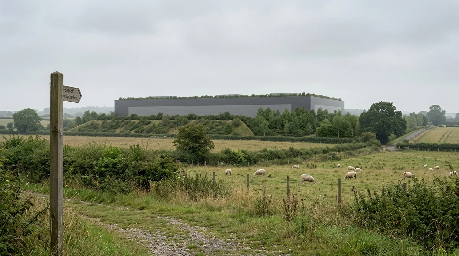 Planning impact view CGI of an anonymised UK cold storage warehouse seen from a public footpath roughly 400 metres away, showing landscape buffer, hedgerow, and parapet plant screen, by StratumCGI