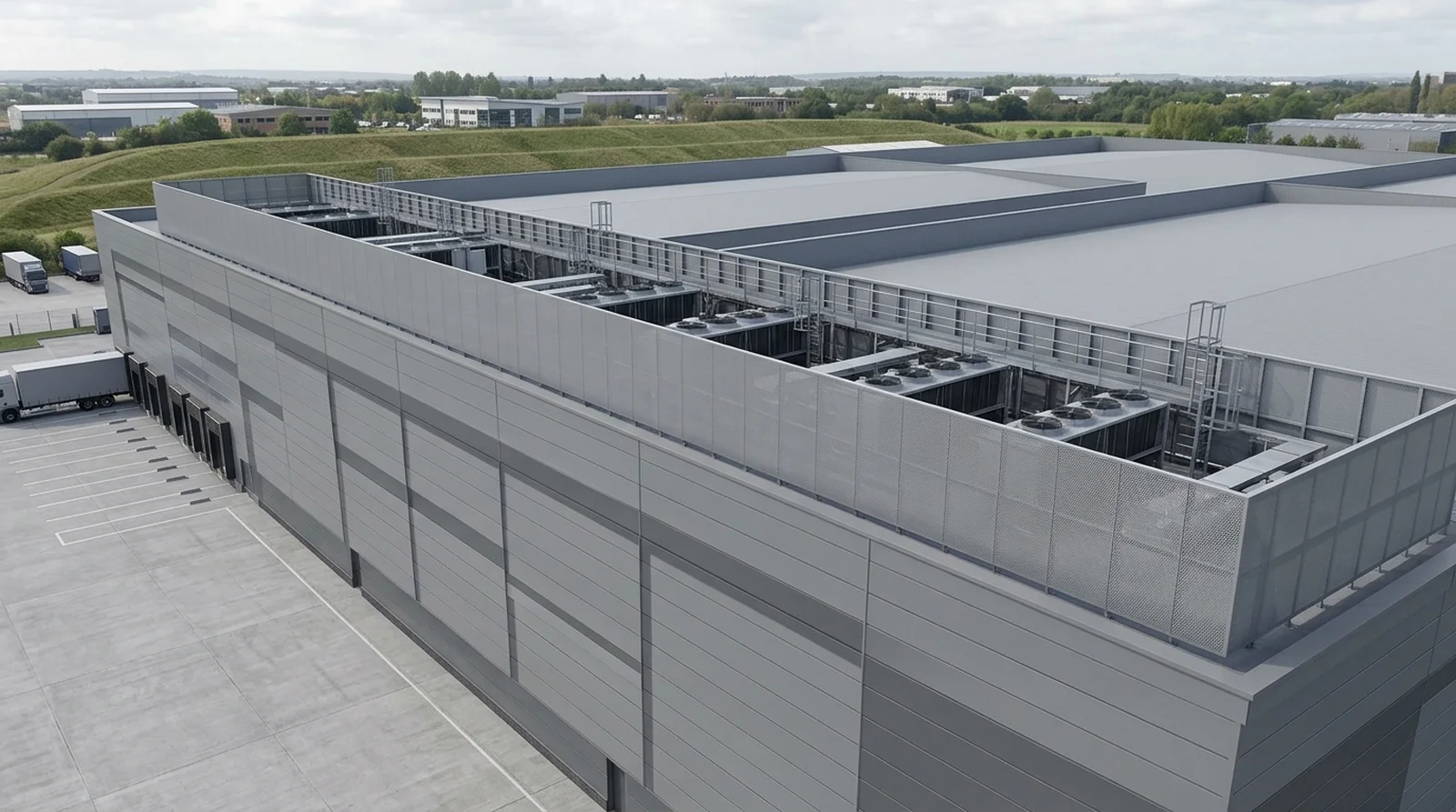 Roofline section CGI of an anonymised cold storage warehouse showing the parapet plant screen, refrigeration condenser tops, gantry walkways, and access ladders behind the screen line, by StratumCGI