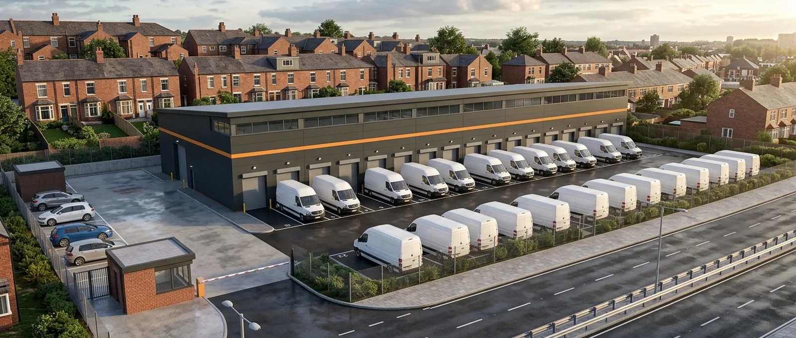 Urban-edge last-mile depot exterior render with multi-storey logistic and office accommodation, by StratumCGI