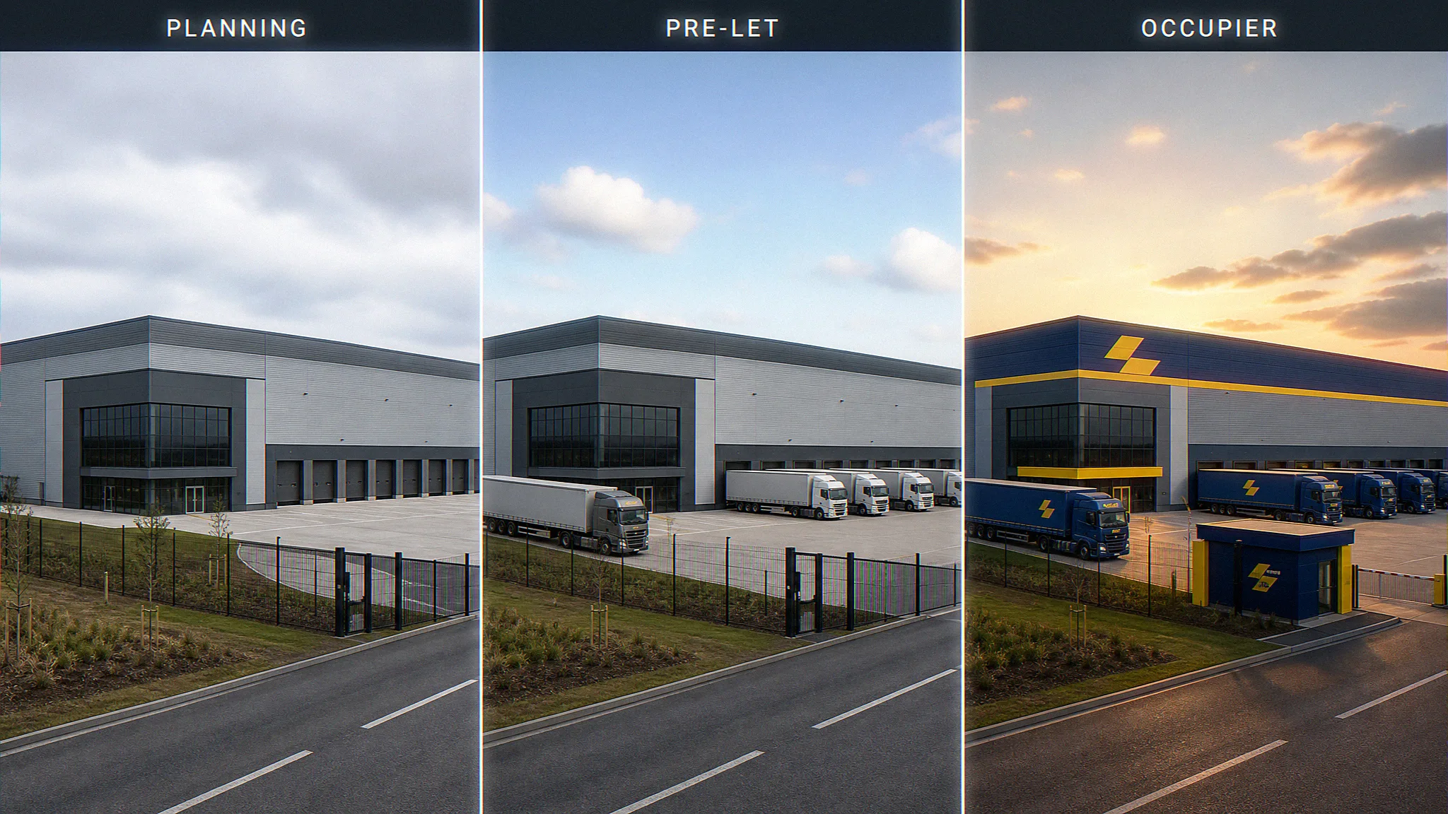 Triptych comparison CGI showing the same UK logistics warehouse shell rendered three ways: planning-neutral with no branding, speculative pre-let with mixed HGVs, and named-occupier build-to-suit with branded facade and fleet, by StratumCGI