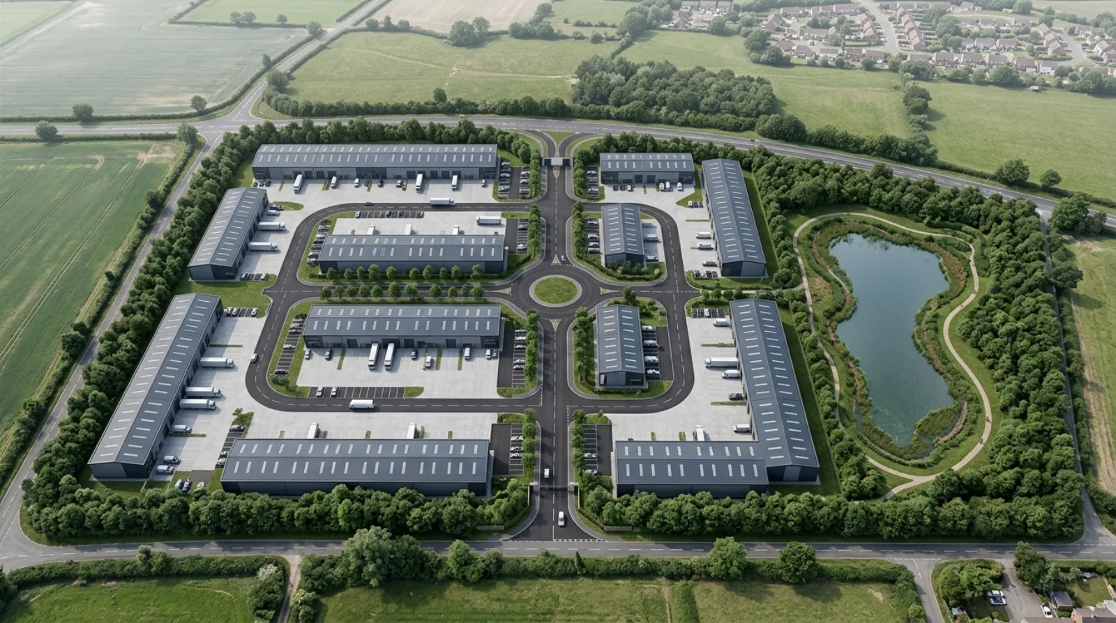 Photoreal CGI high-aerial masterplan render of a UK industrial estate showing multi-unit rows, shared estate roads, attenuation pond, and landscape boundary, by StratumCGI