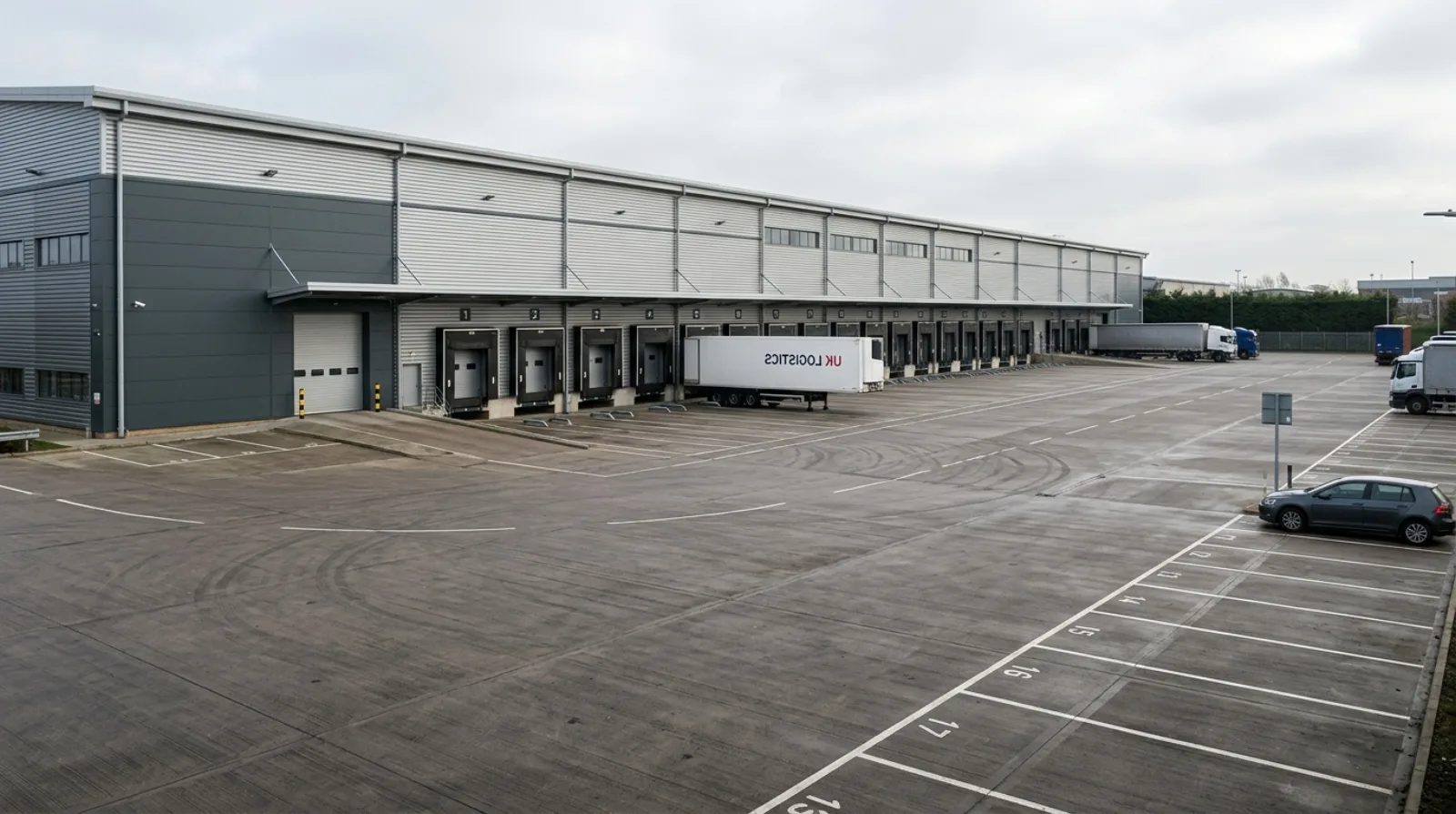 Photoreal CGI ground-level view of a UK distribution centre yard showing dock line, HGV manoeuvring zone, parking ratio, and signage, by StratumCGI