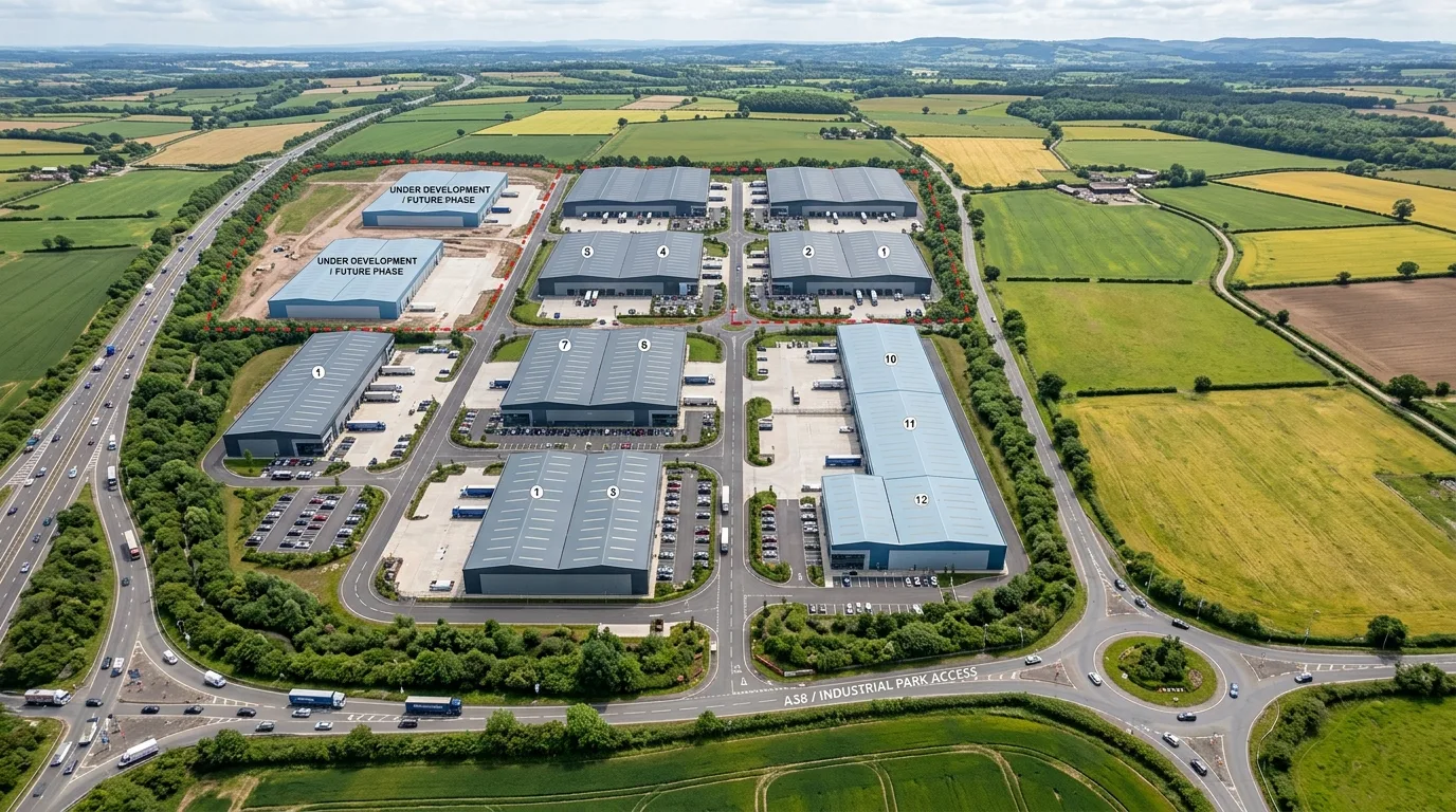 Photoreal aerial masterplan CGI showing a UK industrial park with multiple warehouse units, road network, and surrounding agricultural land produced by StratumCGI