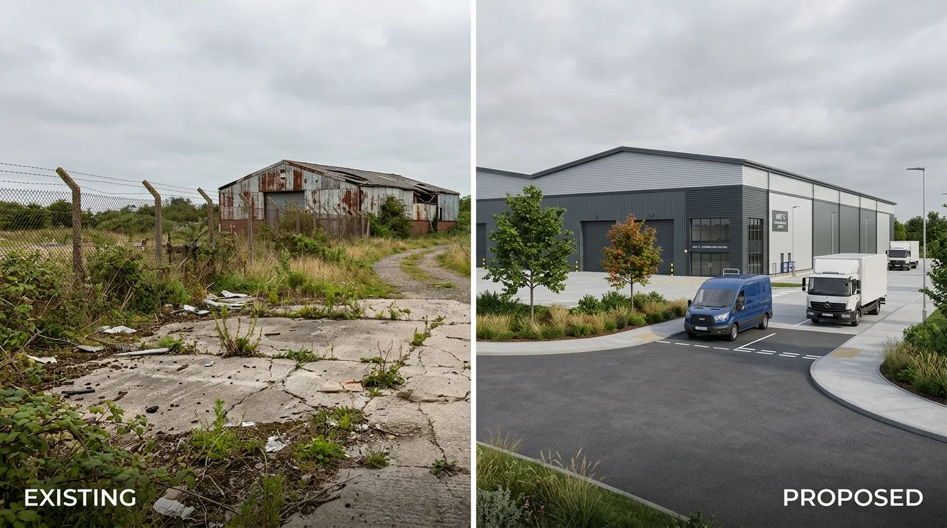 Before and after photomontage on a UK industrial scheme, the verified-view CGI artefact for planning and pre-let, by StratumCGI