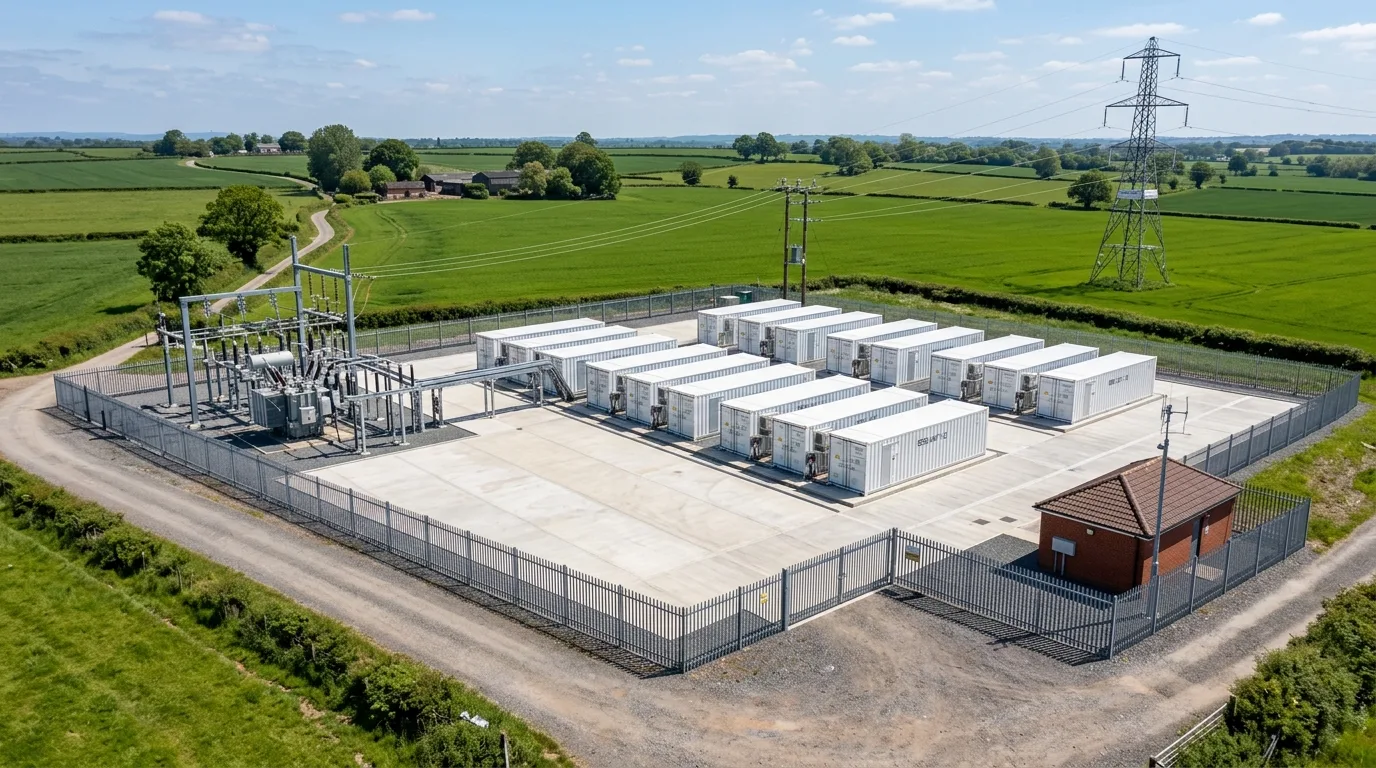 Photoreal BESS facility CGI showing container-mounted battery units, transformer yard, grid connection infrastructure, and security perimeter produced by StratumCGI