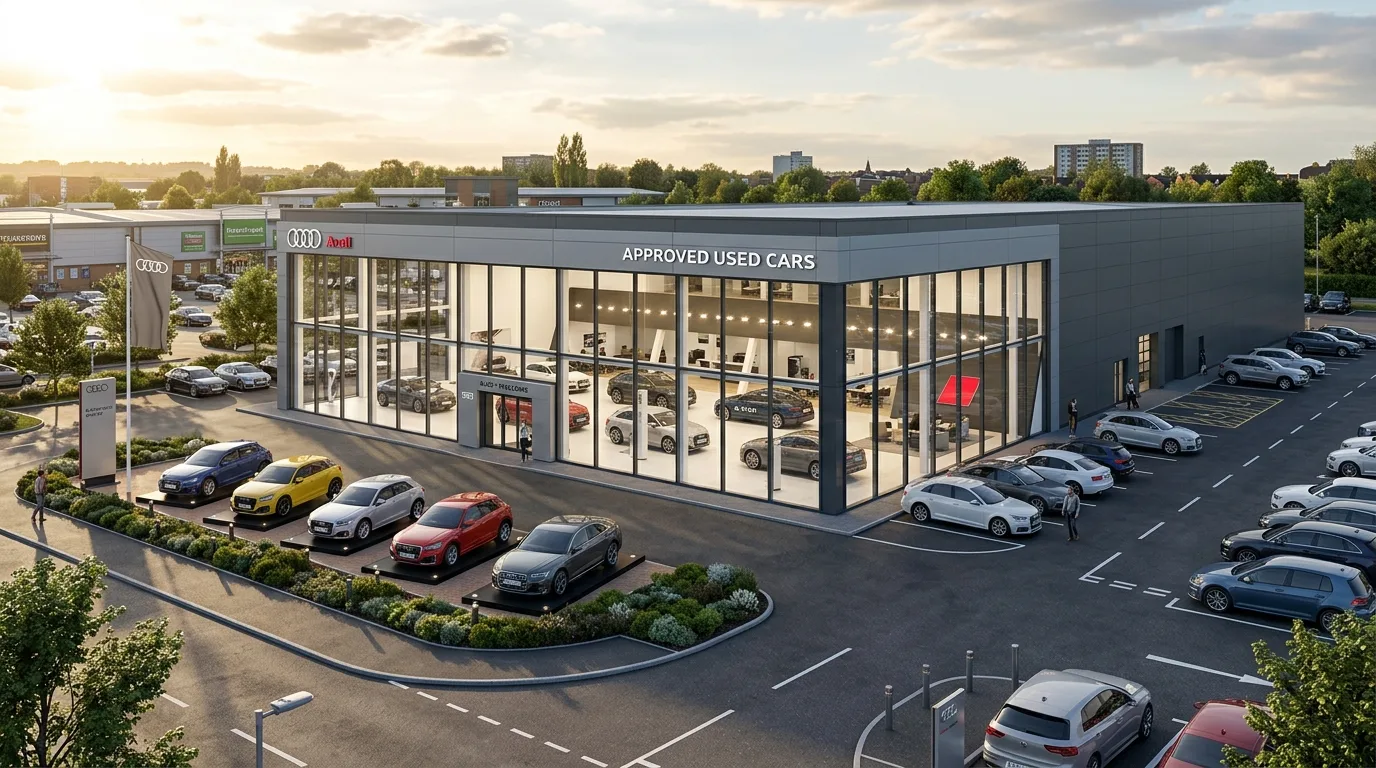 Photoreal car dealership showroom CGI showing big shed construction with full-height glass frontage, forecourt display vehicles, and UK retail park setting produced by StratumCGI