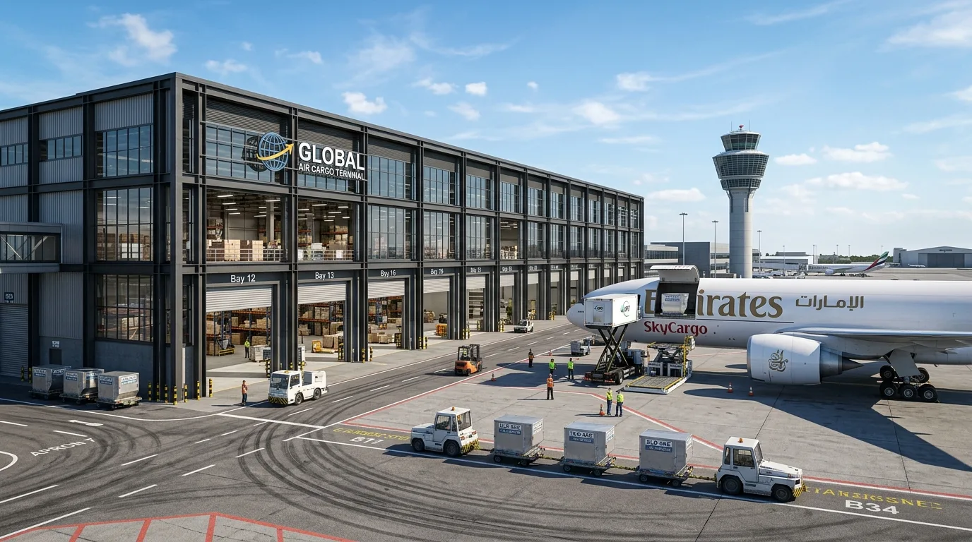 Photoreal airport cargo terminal CGI showing apron-side freight operations, ground service equipment, and cargo aircraft in a UK airport setting produced by StratumCGI