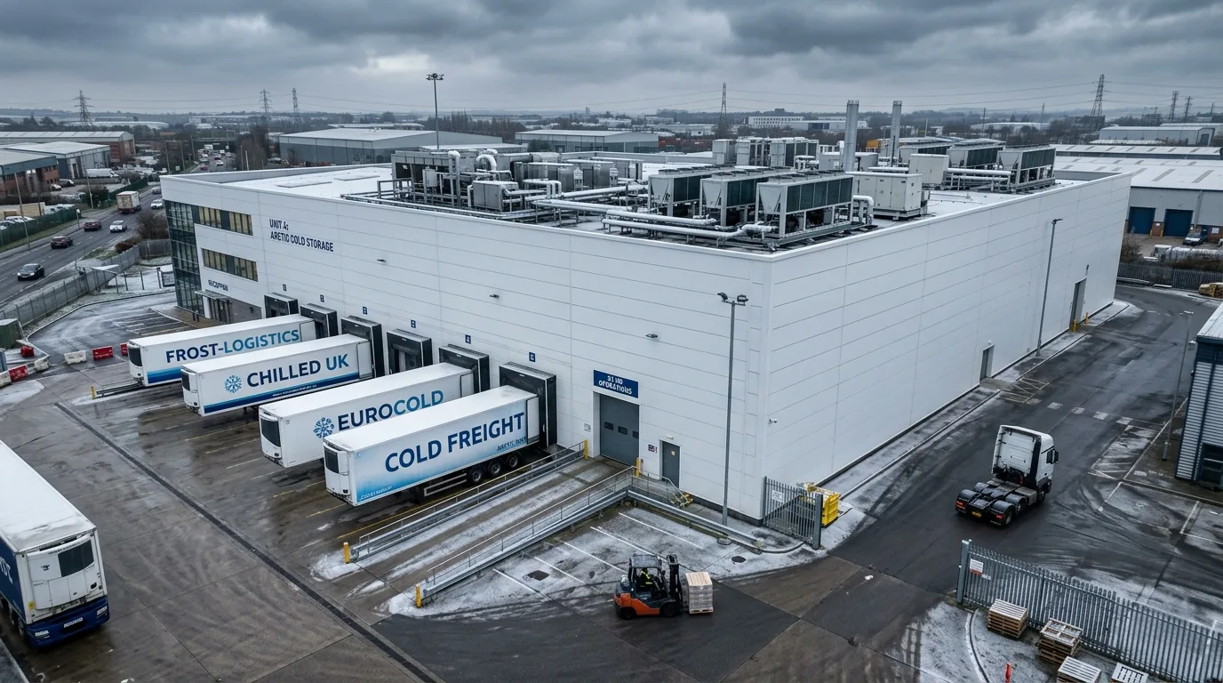 Photoreal cold storage facility CGI showing refrigerated trailers, dock levellers, and roof-mounted condenser units in a UK industrial setting produced by StratumCGI