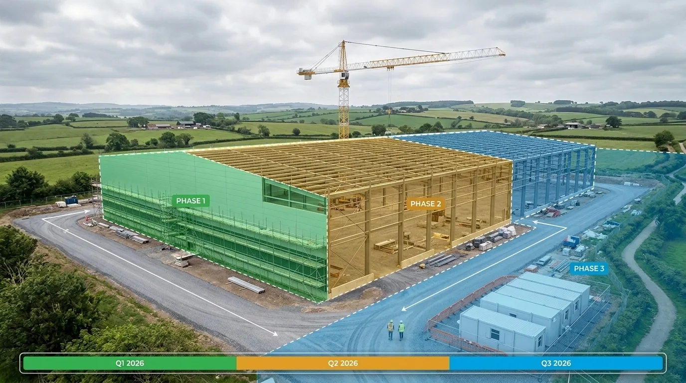 4D construction phasing CGI showing colour-coded build sequence zones, timeline bar, and phase labels for a UK warehouse development produced by StratumCGI