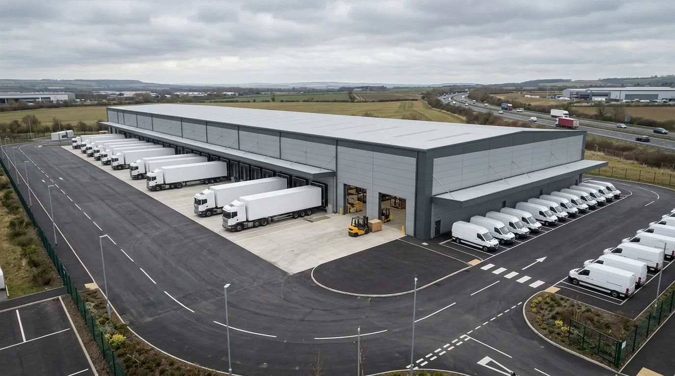 UK cross-dock distribution centre showcase render, two-sided dock face with paired yards, by StratumCGI