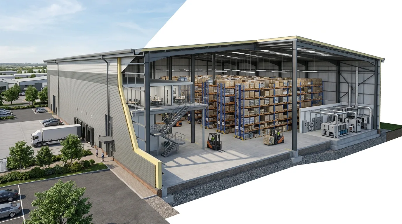 Cutaway section CGI of an industrial building showing steel frame, insulation layers, mechanical plant room, and mezzanine integration produced by StratumCGI