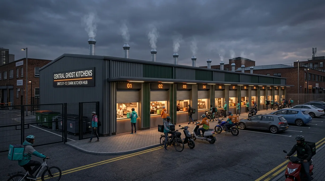 Dark kitchen ghost kitchen hub CGI showing individual kitchen units with extraction flues, delivery riders, and evening lighting in a UK inner-city setting produced by StratumCGI
