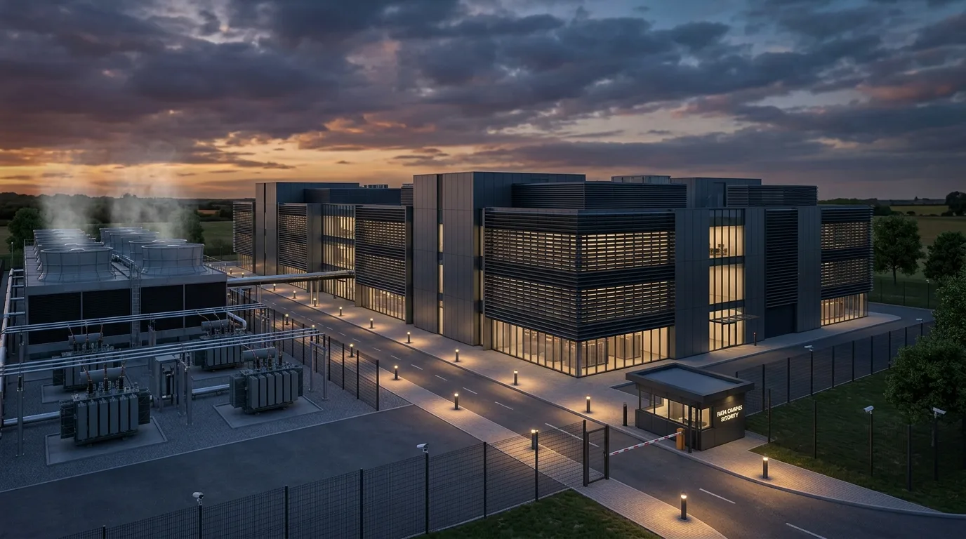 Photoreal AI data centre campus CGI at dusk showing mechanical plant, security perimeter, and bollard lighting in a UK setting produced by StratumCGI