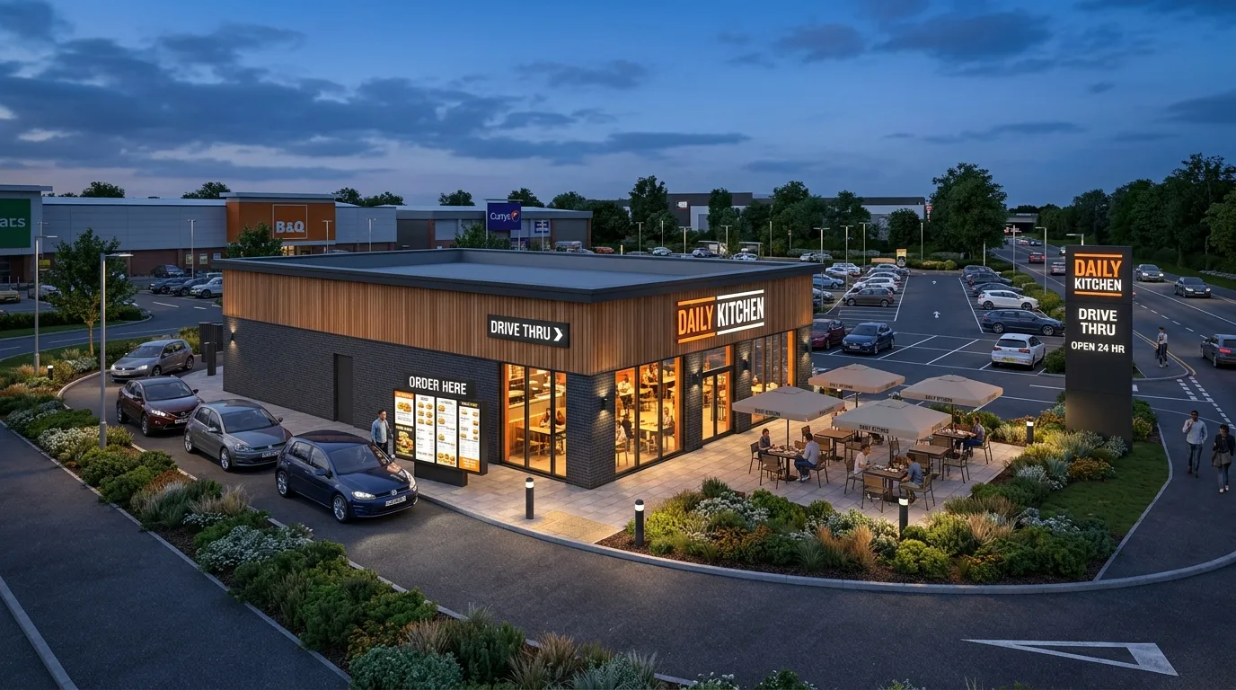 Photoreal drive-through restaurant CGI showing QSR pod with drive lane, outdoor seating, and blue-hour lighting on a UK retail pad site produced by StratumCGI