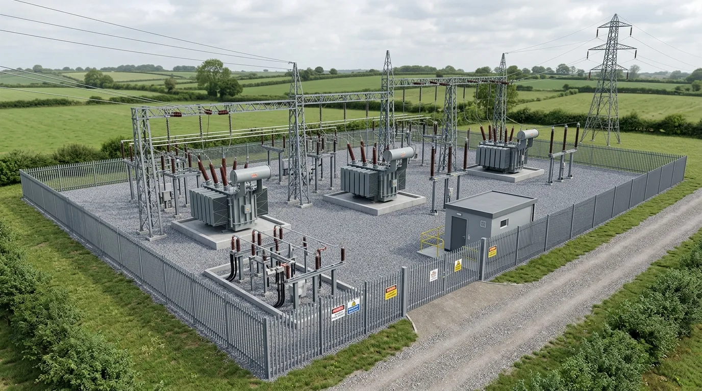 Electricity substation compound CGI showing high-voltage transformers, steel gantry structures, palisade security fence, and overhead power line connections in a UK rural setting produced by StratumCGI