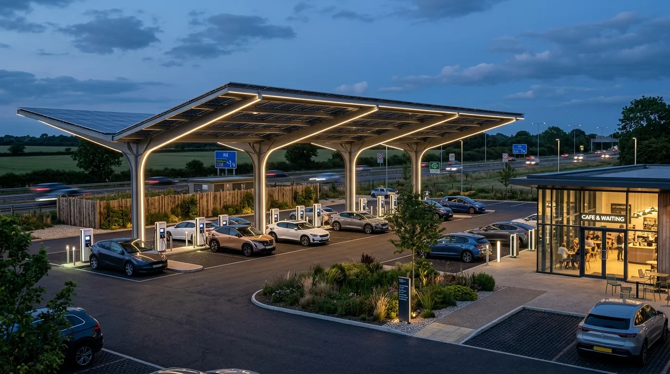 Photoreal EV charging hub CGI showing a solar canopy structure, multiple charging bays, and landscaped waiting area with grid connection infrastructure produced by StratumCGI