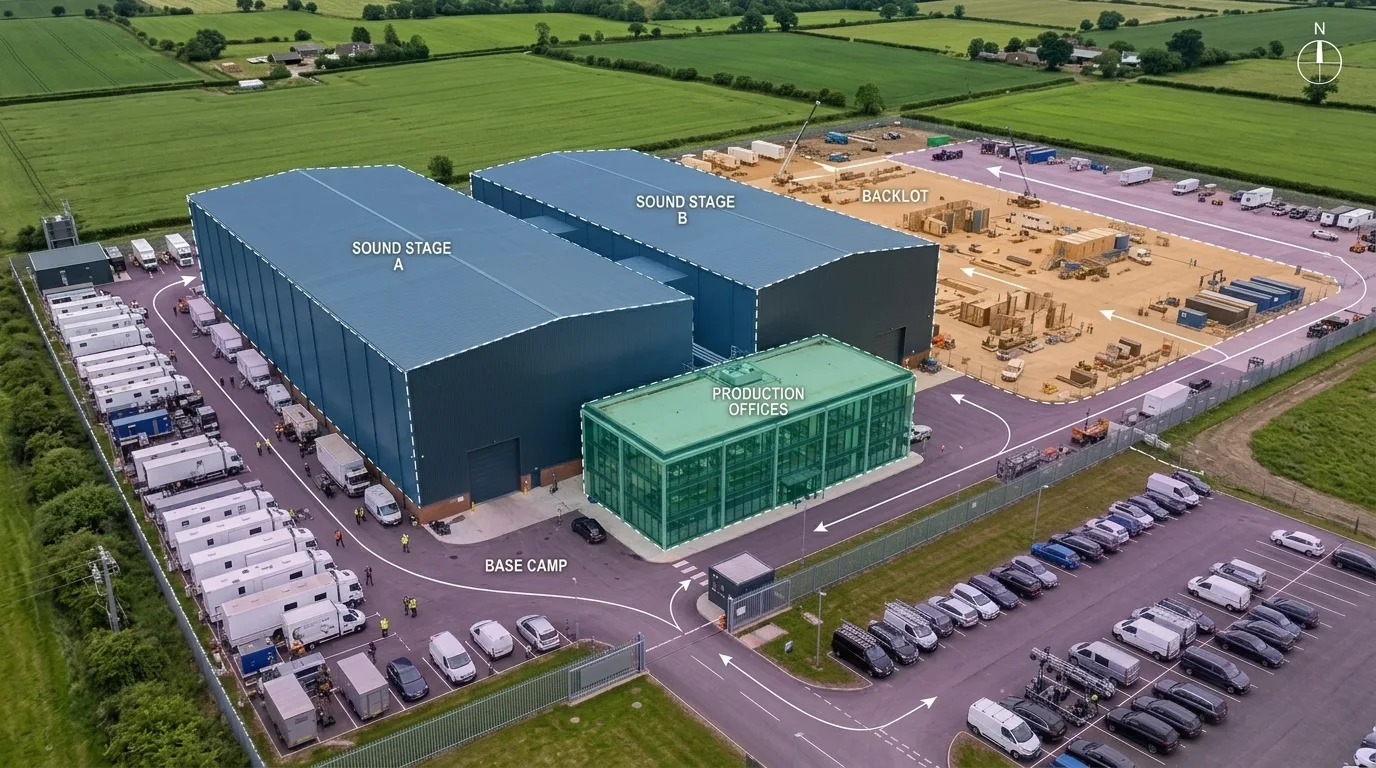 Film and television studio complex CGI with site plan overlay showing sound stages, production offices, backlot, and base camp zones in a UK countryside setting produced by StratumCGI