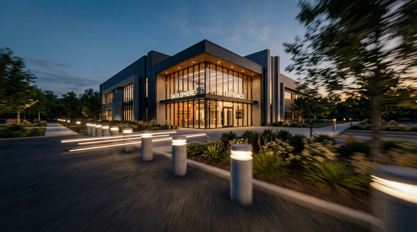 Flythrough frame CGI showing a dynamic mid-flight camera angle with motion blur approaching an industrial facility entrance produced by StratumCGI