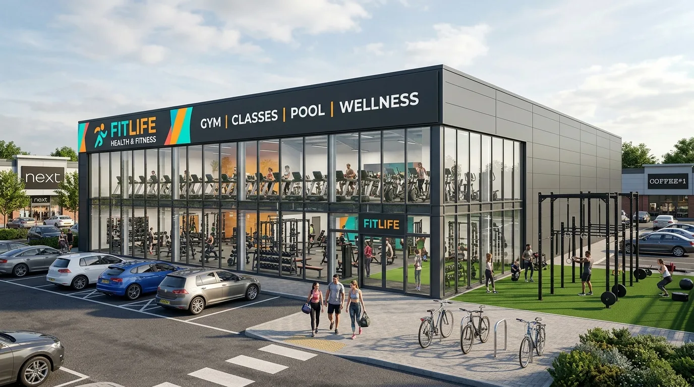 Photoreal gym and leisure facility CGI showing big shed unit with full-height glass frontage, outdoor training area, and branded signage on a UK retail park produced by StratumCGI
