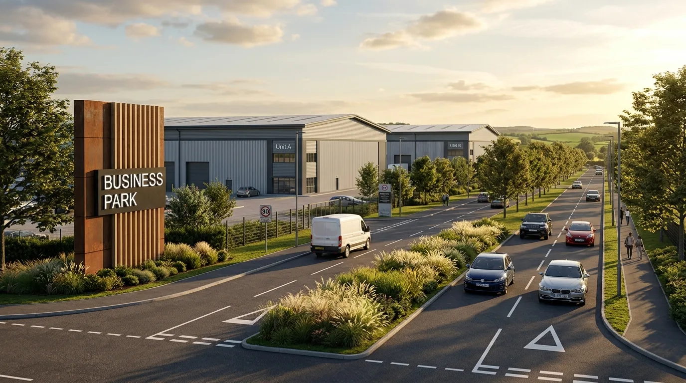 Photoreal industrial park entrance CGI showing signage, boulevard road, and warehouse buildings in golden hour UK setting produced by StratumCGI