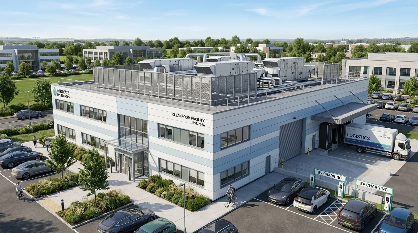 Photoreal life science facility CGI showing laboratory-grade cladding, dedicated HVAC and air handling plant, and secure goods-in loading area produced by StratumCGI