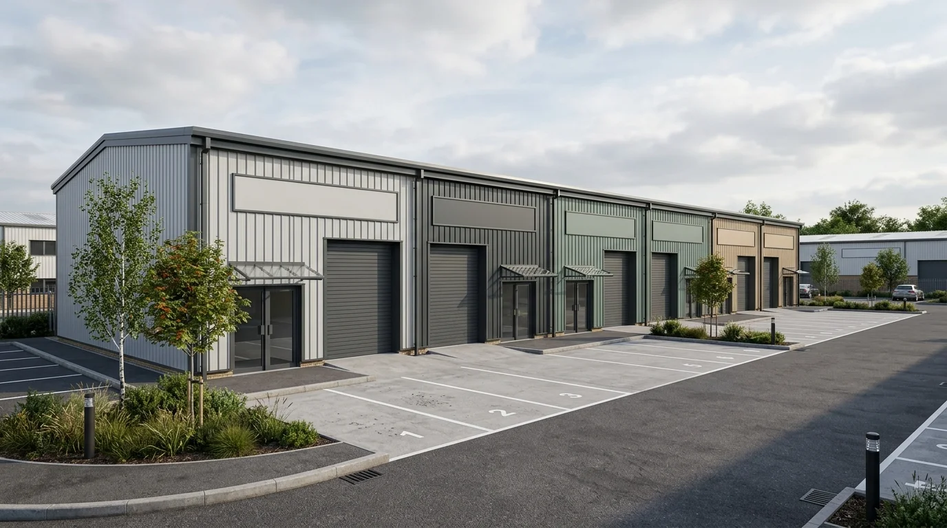 Light industrial unit CGI showing a small multi-let terraced estate frontage with mixed cladding palette, by StratumCGI