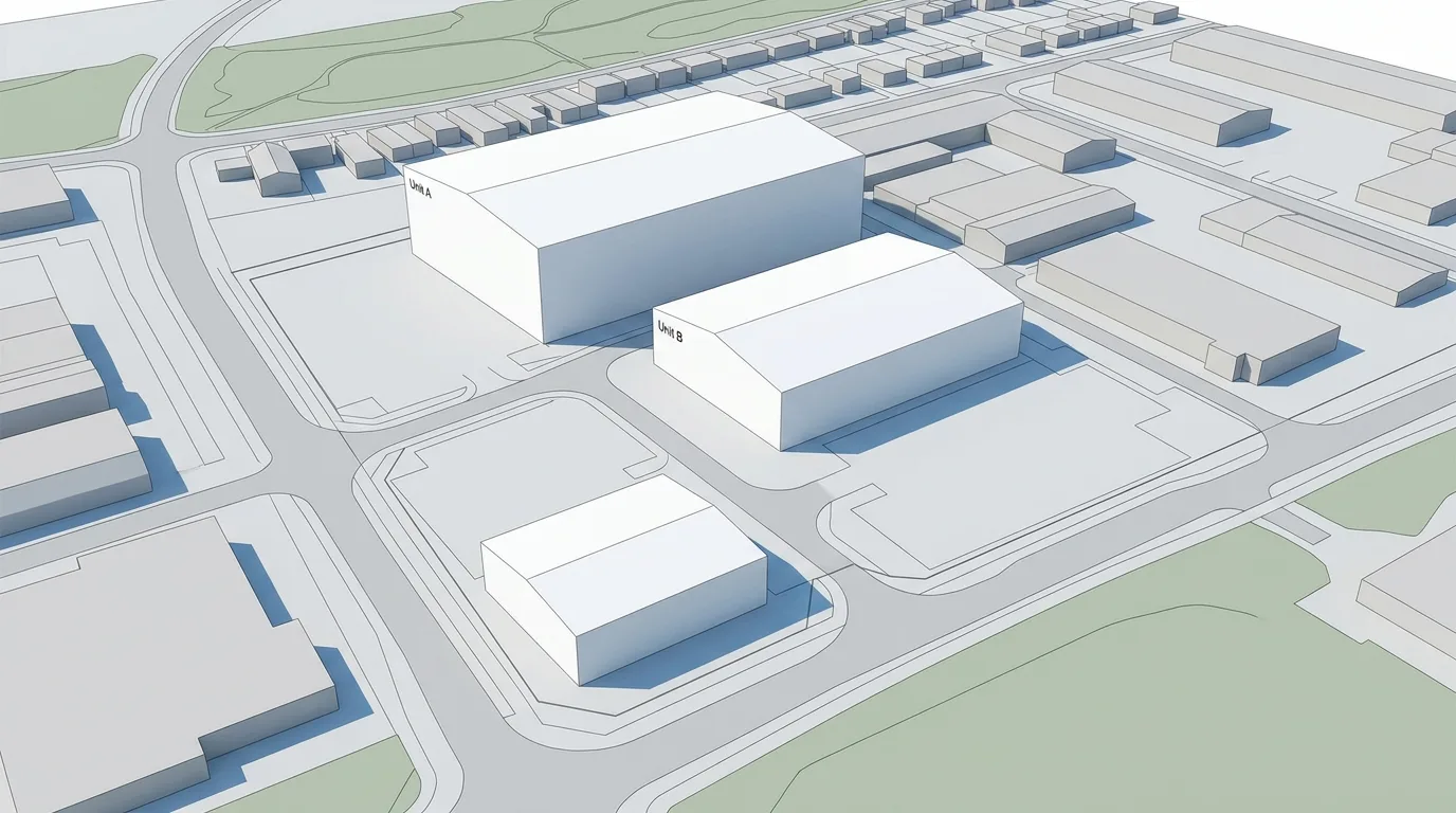 Massing study CGI showing white block building volumes and site coverage in relation to surrounding context at pre-application design stage produced by StratumCGI