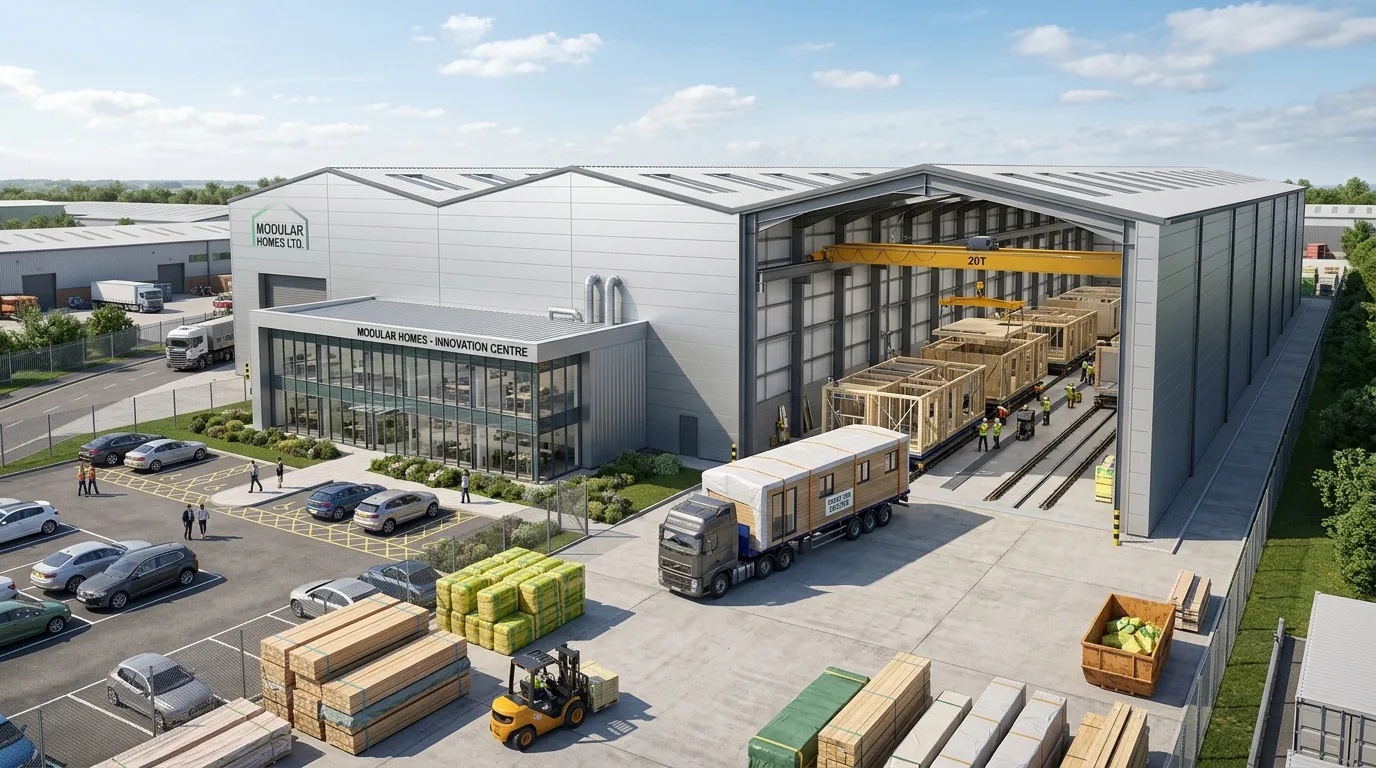 Modular housing factory CGI showing production line with timber frame modules, gantry crane, completed unit on flatbed, and delivery yard in a UK industrial estate setting produced by StratumCGI