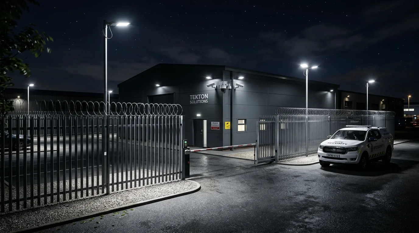 Photoreal night security render CGI showing perimeter fence, floodlights, CCTV, and security vehicle at a UK industrial facility produced by StratumCGI