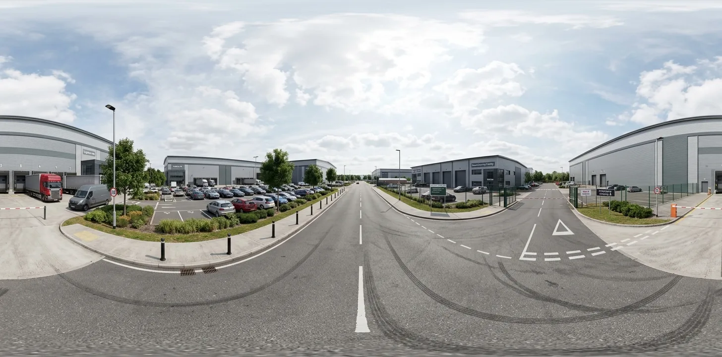 360 panorama equirectangular projection CGI showing a full site view around an industrial development suitable for VR viewing produced by StratumCGI