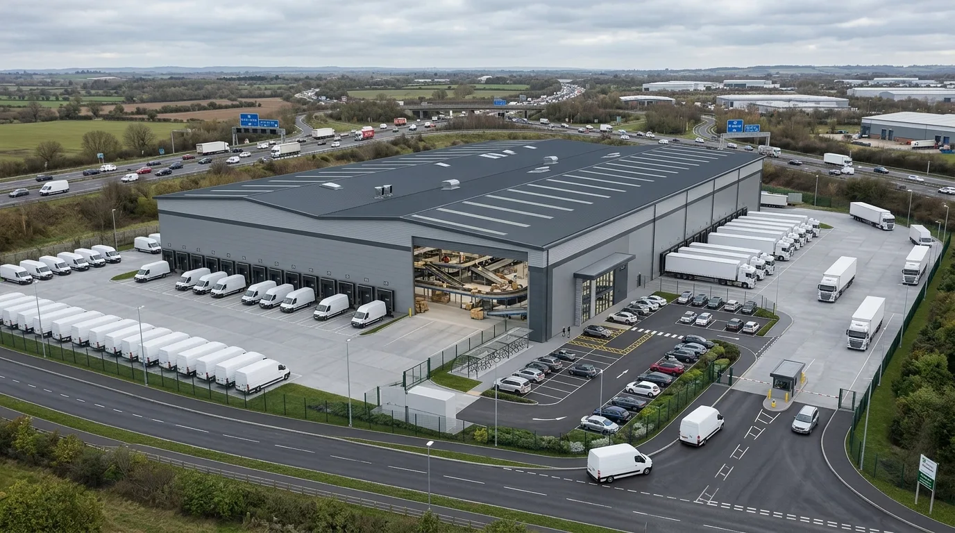 Parcel sorting hub CGI showing dock doors, delivery van fleet, HGV loading area, and conveyor infrastructure in a UK motorway junction setting produced by StratumCGI