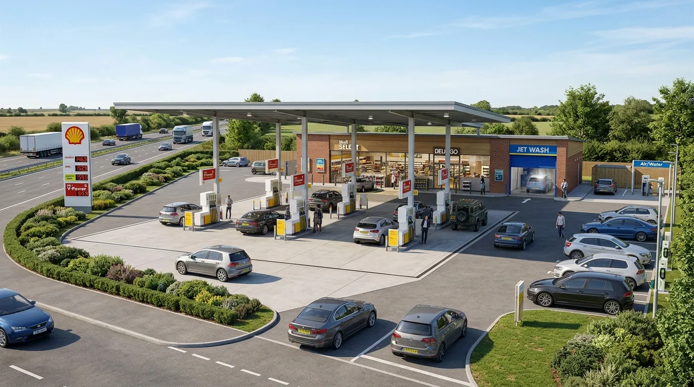Photoreal petrol station and convenience store CGI showing fuel canopy, pump islands, and shop frontage on a UK A-road produced by StratumCGI