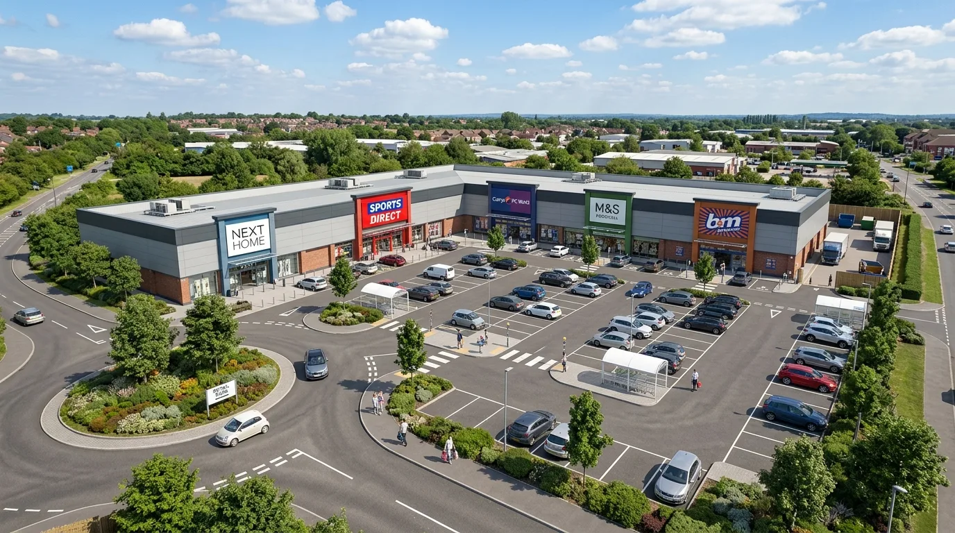 Photoreal retail park CGI showing big-box retail units, central car park, and landscaped entrance on a UK edge-of-town site produced by StratumCGI