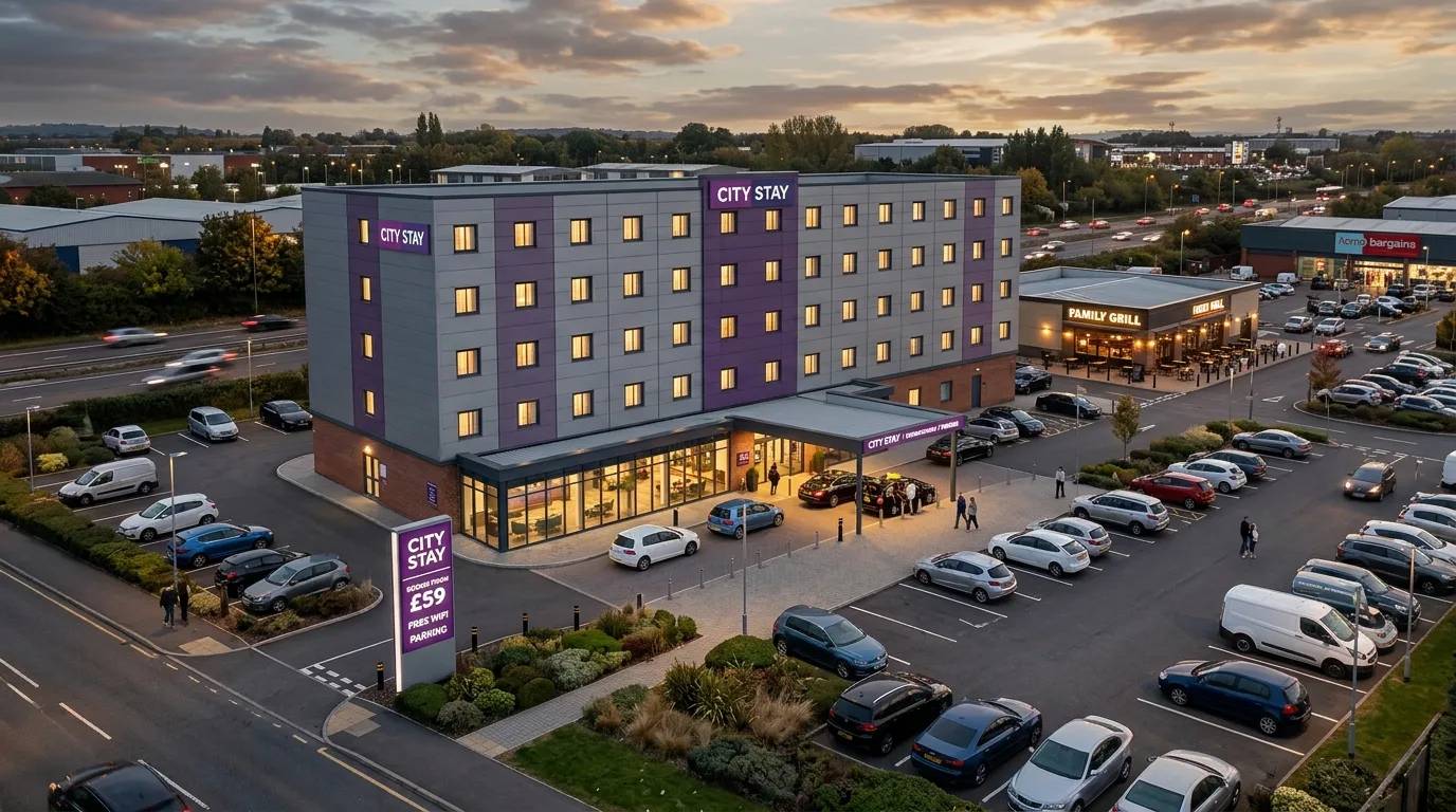 Photoreal roadside hotel CGI showing budget hotel block with porte-cochere, car park, and branded signage at dusk on a UK retail park produced by StratumCGI