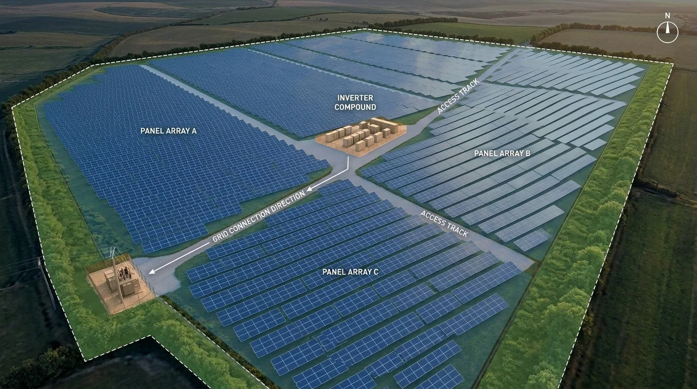 Solar farm CGI with site plan overlay showing panel arrays, inverter compound, access tracks, and buffer planting zones in a UK countryside setting produced by StratumCGI